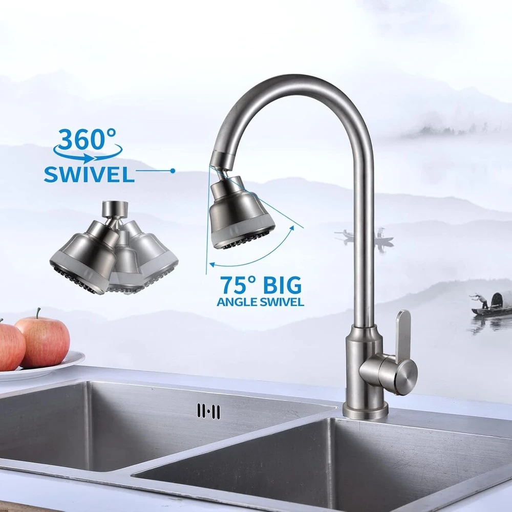 Maišytuvo priedas Brushed Nickel su 4 purškimo režimais, 360° pasukamas aeratoriaus vandens čiaupas su žalvario jungtimi, vandens taupiklis maišytuvui, aeratoriai maišytuvo prailginimui