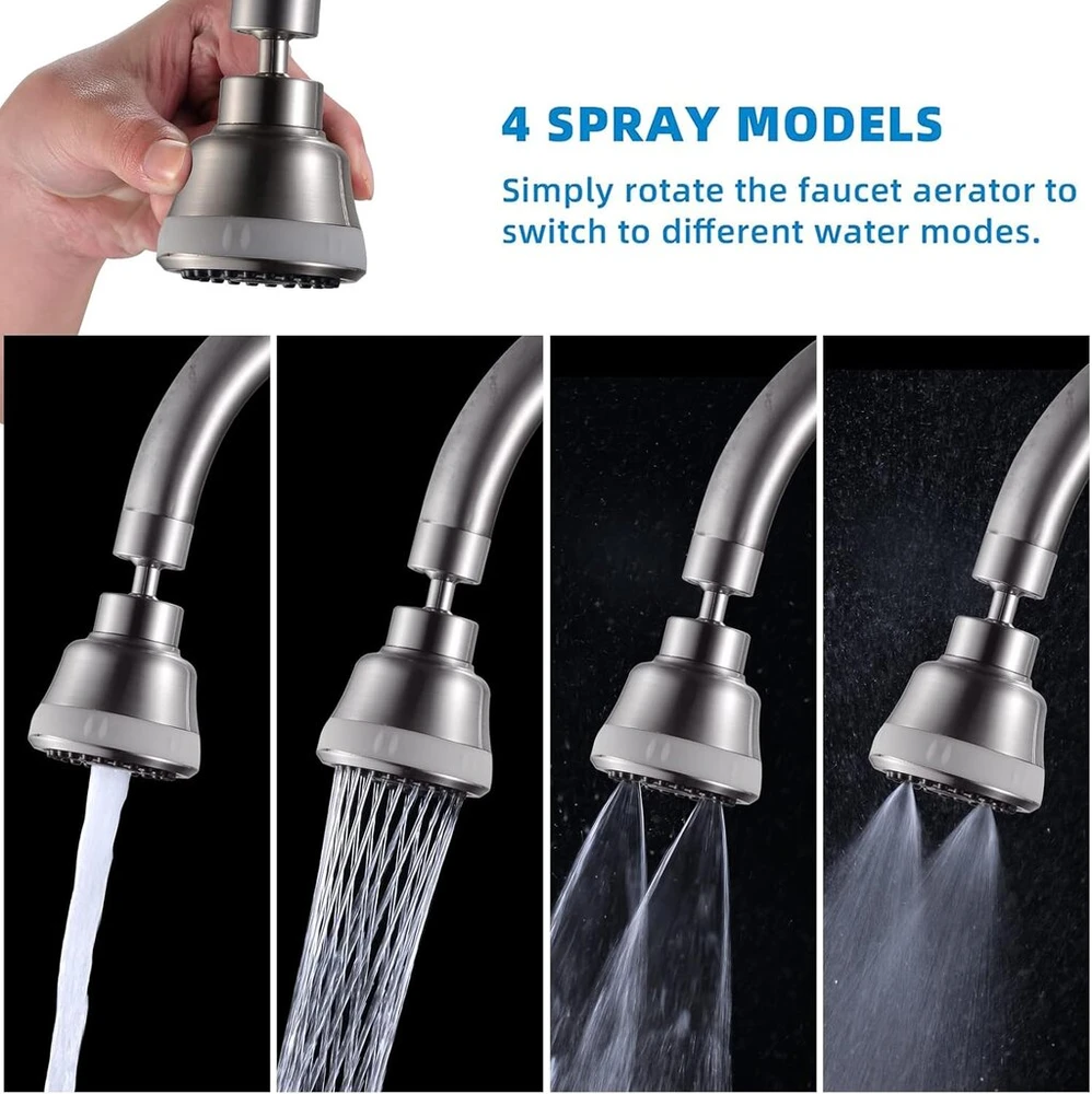 Maišytuvo priedas Brushed Nickel su 4 purškimo režimais, 360° pasukamas aeratoriaus vandens čiaupas su žalvario jungtimi, vandens taupiklis maišytuvui, aeratoriai maišytuvo prailginimui