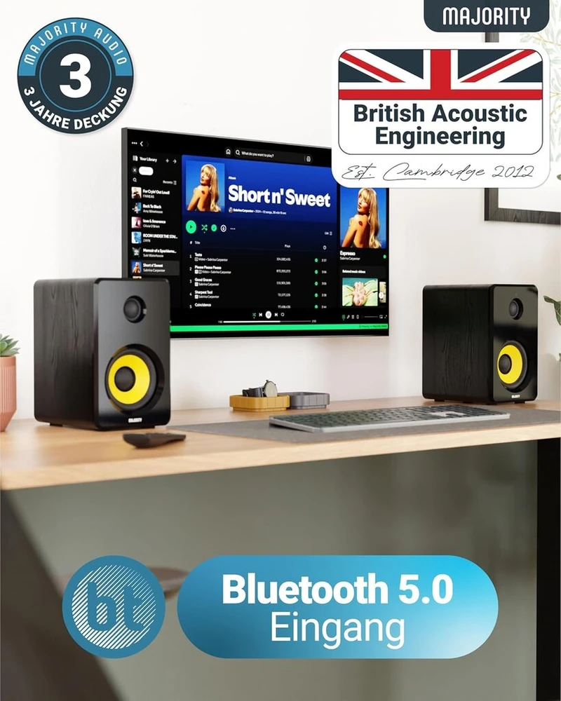 Kompiuterio kolonėlės Majority D40x aktyvios lentyninės kolonėlės, 70 W 2.0 geltono kevlaro kūgio monitoriaus kolonėlės, studijinis monitorius su bluetooth, hifi lentyninės kolonėlės su optiniu, Rca, Usb Aux ir nuotolinio valdymo pulteliu
