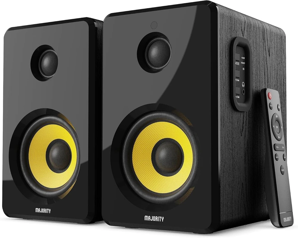 Kompiuterio kolonėlės Majority D40x aktyvios lentyninės kolonėlės, 70 W 2.0 geltono kevlaro kūgio monitoriaus kolonėlės, studijinis monitorius su bluetooth, hifi lentyninės kolonėlės su optiniu, Rca, Usb Aux ir nuotolinio valdymo pulteliu