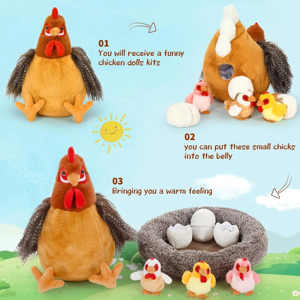 Makosas Morismos 37 cm aukščio didelis gaidys, minkštas žaislas Xxl, didelis kimštinis gaidys Xxl su 3 viščiukais kiaušinyje, chickenteddy pliušinis viščiukas krepšelyje, dovana vaikams