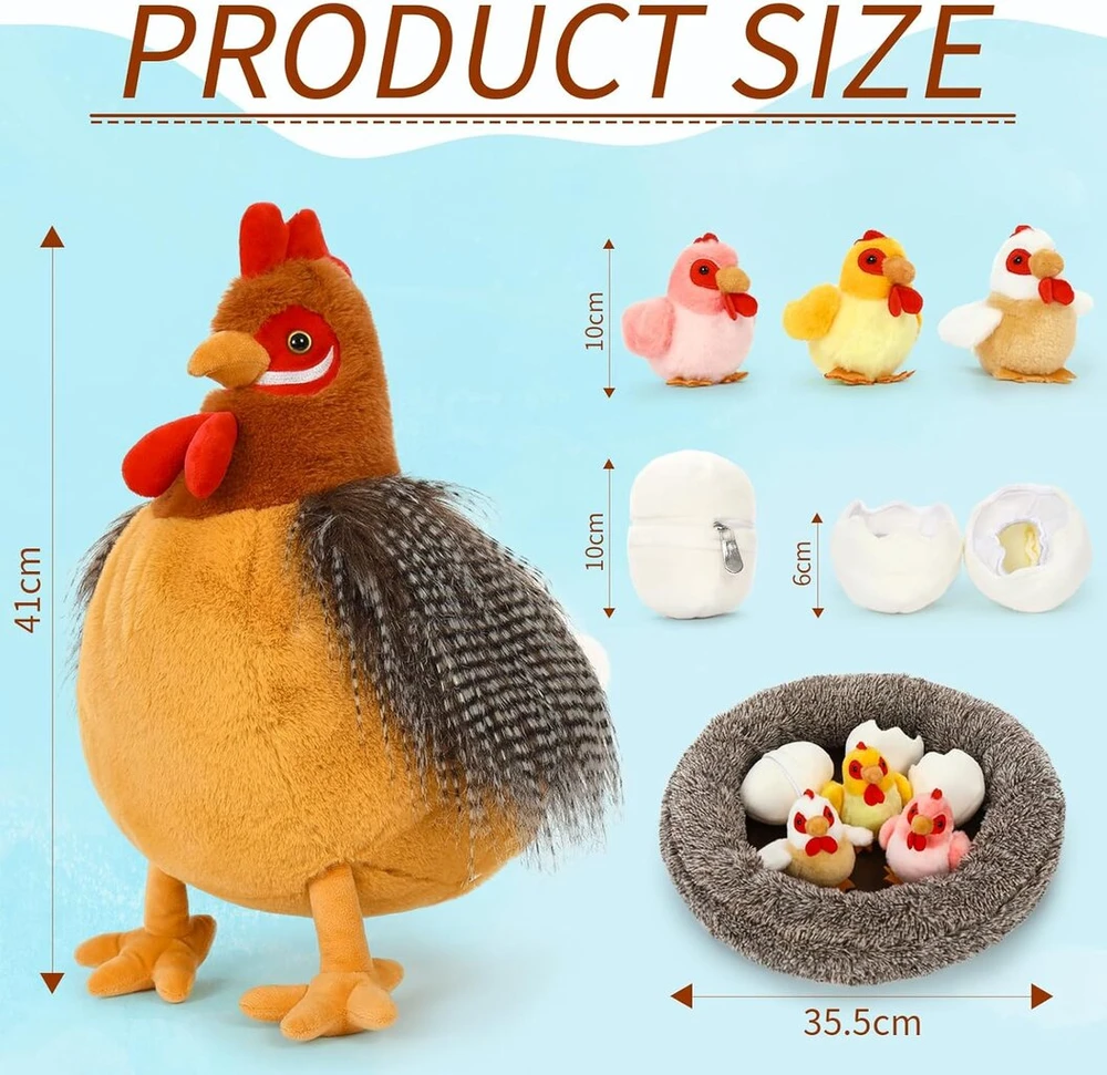 Makosas Morismos 37 cm aukščio didelis gaidys, minkštas žaislas Xxl, didelis kimštinis gaidys Xxl su 3 viščiukais kiaušinyje, chickenteddy pliušinis viščiukas krepšelyje, dovana vaikams