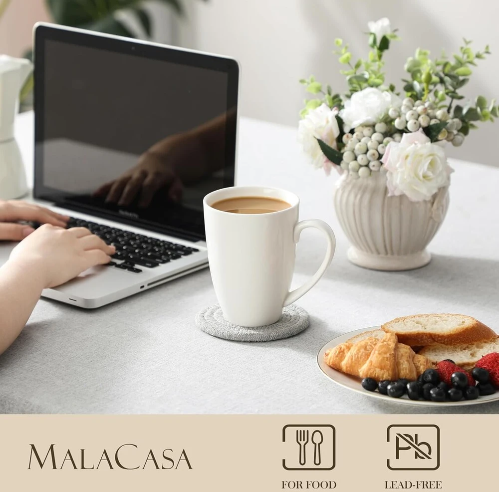 Malacasa reg kavos puodelių rinkinys iš 6, porcelianiniai, 560 ml puodelių rinkinys, dideli modernūs kavos puodeliai su rankena arbatai, sultims, latte, cappuccino, kakavai. galima plauti indaplovėje ir naudoti mikrobangų krosnelėje, reg serijos balti
