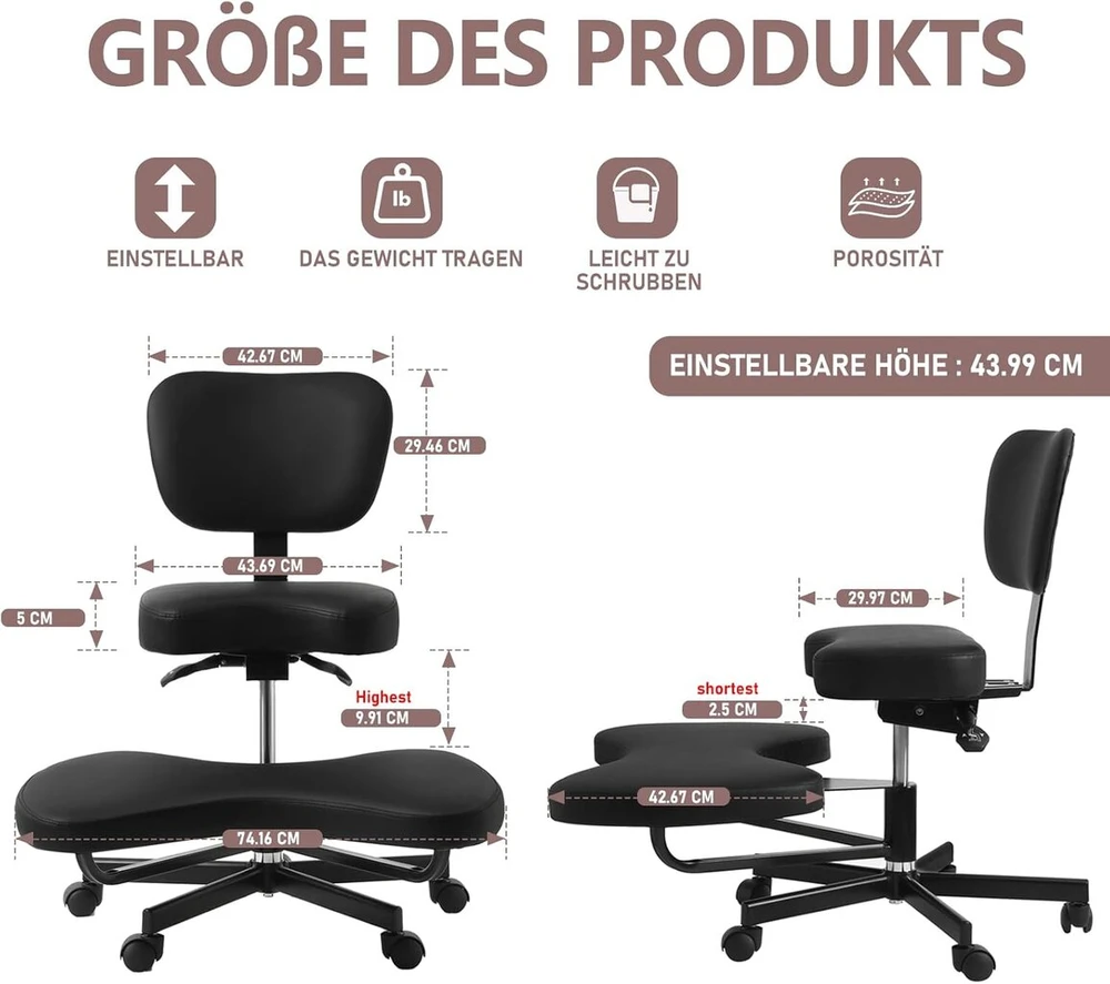 Mallcreaty ergonomiška meditacinė kėdė, adhd kėdė su juosmens atrama ir ratukais, reguliuojamo aukščio, jogos kėdė su sukryžiuotomis kojomis ir kojų atrama, criss cross kėdė (juoda)