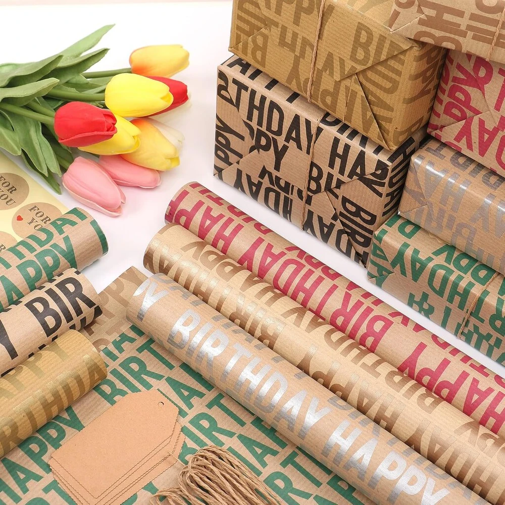 Mamunu gimtadienio vyniojamasis popierius, 6 lapai 70 x 50 cm vintažinis vyniojamasis popierius sulankstytas kraft popierius su etiketėmis, lipdukais ir popierinėmis virvelėmis vaikų gimtadienio šventėms, kalėdoms (6)
