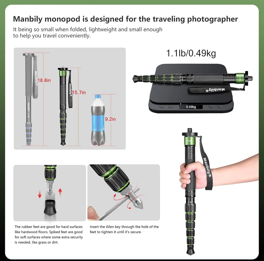 Manbily monopodas kamerai 168 cm žygio lazdos aliuminio kelioninis monopodas nešiojamas kompaktiškas lengvas su lazda rankena nešiojimo krepšys 7kg apkrova dslr kamerai vaizdo kamerai (a-555l) žalias
