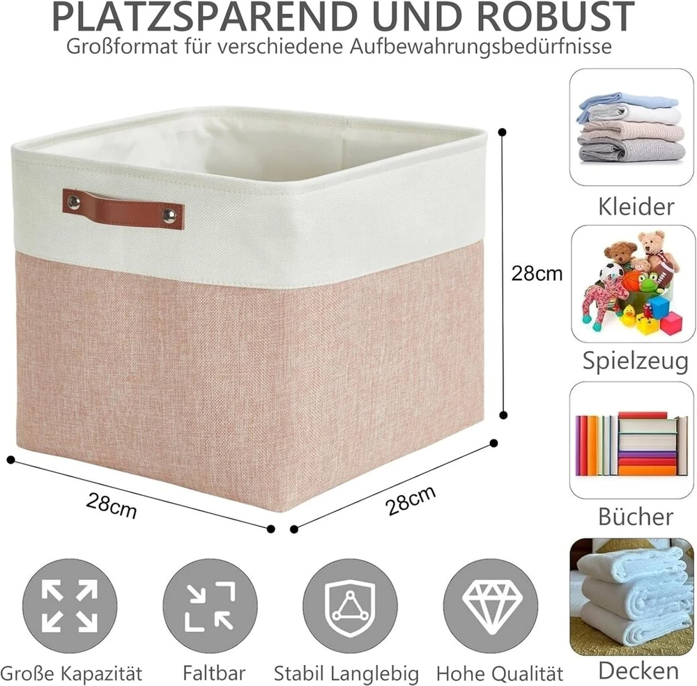 Mangata sulankstomos daiktadėžės, 28 cm kubo formos lininės pintos daiktadėžės su odinėmis rankenomis, 4 vnt. (rožinės ir baltos)