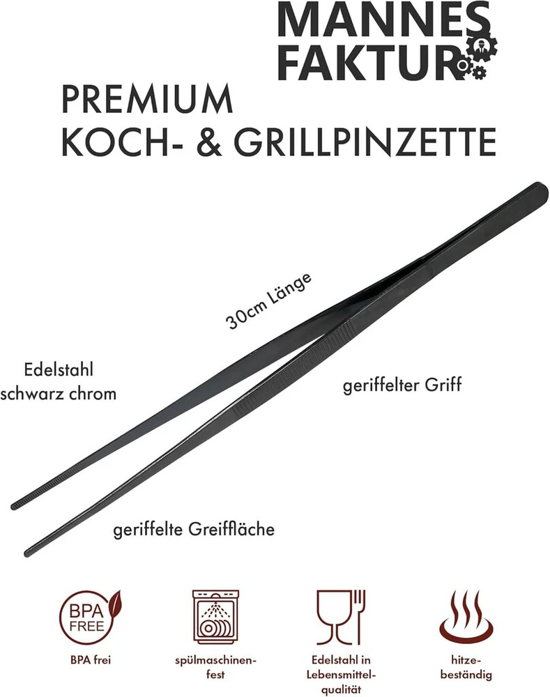 Mannesfaktur Premium Cooking & Grilis žnyplės – 30 cm ilgio – nerūdijančio plieno – juodo chromo – mėsos žnyplės – tikslios – patogios – stabilios – patogios