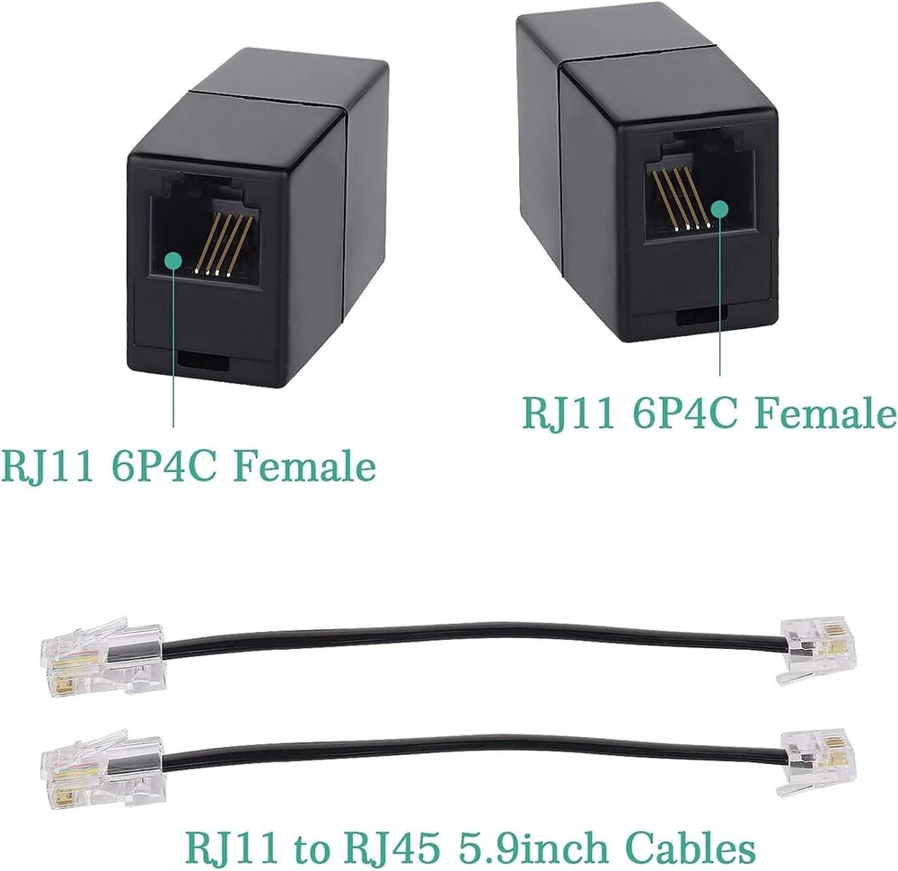 Maozhou 2 vnt. Rj11 į Rj45 adapterių rinkinys, juoda Rj11 6p4c jungtis, telefono kabelio į Rj45 8p8c adapteris, ethernet į telefono laidinio ryšio keitiklis