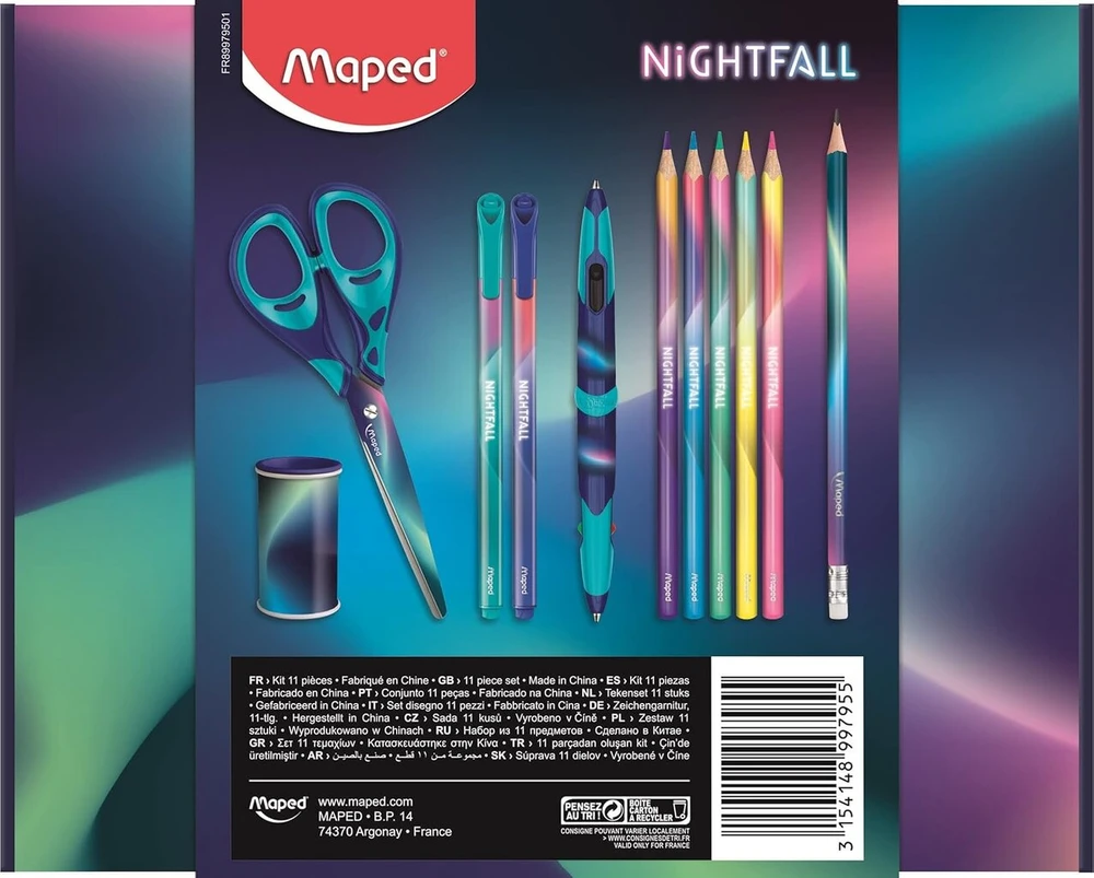 Maped Nightfall 11 dalių dovanų rinkinys - 1 žirklės + 1 drožtukas + 1 grafito pieštukas + 2 plono galiuko flomasteriai + 1 4 spalvų dvigubo galiuko tušinukas + 5 spalviniai pieštukai
