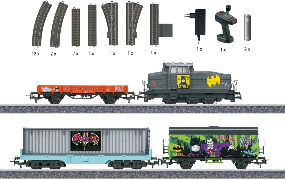Märklin start up pradinis rinkinys "batman", 29828, modelinis geležinkelis, H0 vėžė, lokomotyvo pradinis rinkinys, vagonas, bėgiai ir valdymo blokas