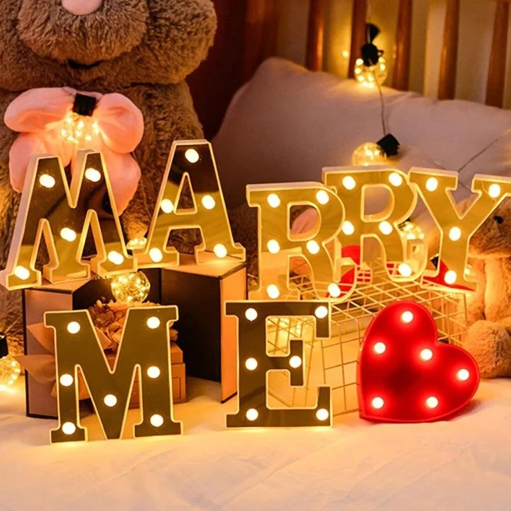 Marry Me Led raidės, maitinamos baterijomis, 16 x 14,5 x 3 cm Marry Me šviečiančios raidės romantiškai namų dekoracijai, vestuvėms, piršlyboms, sužadėtuvėms, gimtadieniui, vakarėlio dekoravimui