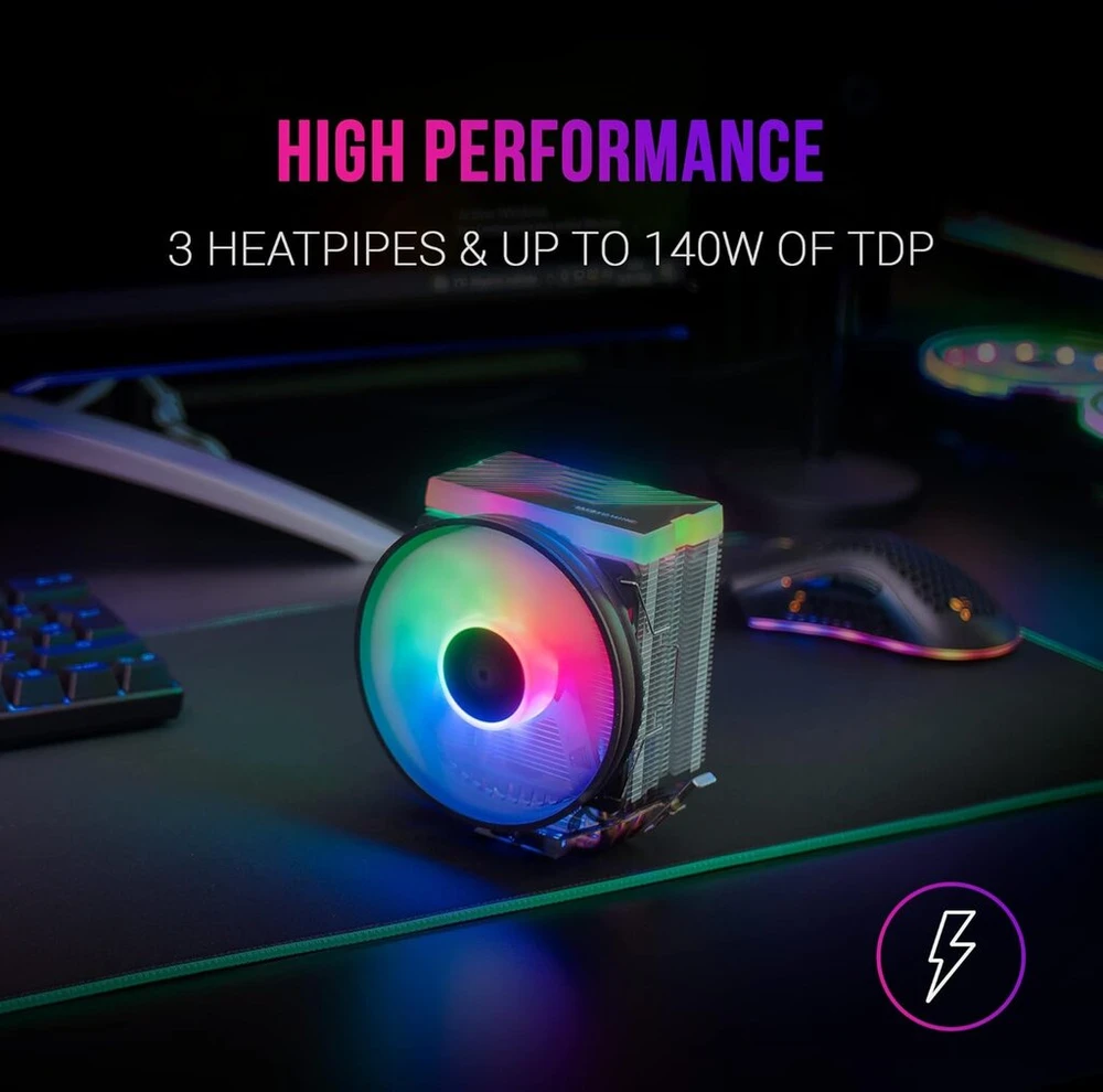 Mars Gaming Mcpu33, dvigubas Frgb Cpu aušintuvas, 3 heatpipes Hct, Tdp 140w, itin tylus Pwm 11 cm ventiliatorius