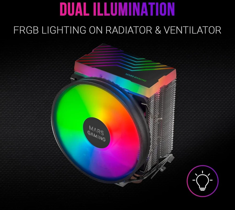Mars Gaming Mcpu33, dvigubas Frgb Cpu aušintuvas, 3 heatpipes Hct, Tdp 140w, itin tylus Pwm 11 cm ventiliatorius