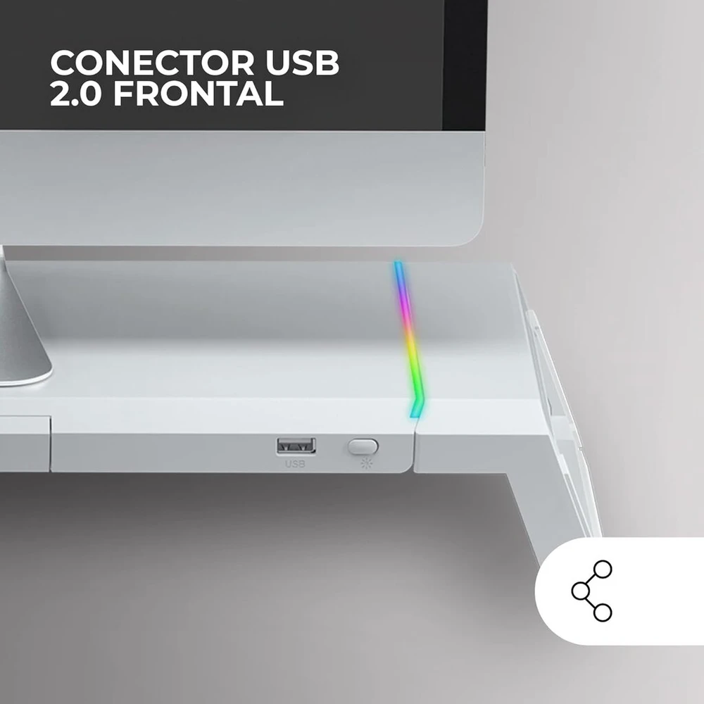 Mars Gaming Mgs-one Baltas, Chroma Rgb monitoriaus stovas, reguliuojamas dydis, išmaniojo telefono ir planšetinio kompiuterio stovas, priekinis Usb 2.0