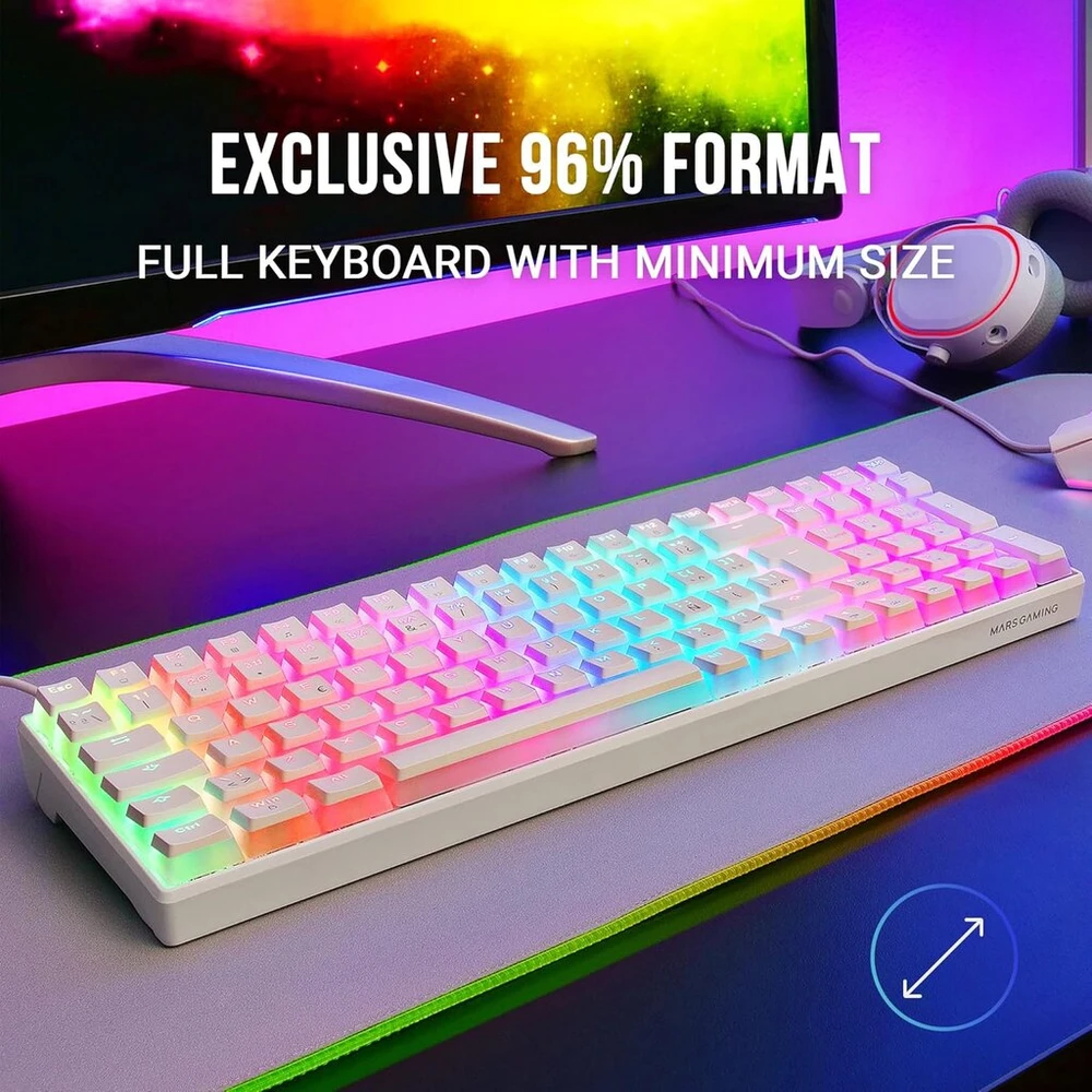 Mars Gaming Mkultra, mechaninė klaviatūra Baltas Rgb, kompaktiška 96%, Outemu Sq Raudona jungikliai, Ispanų-jav