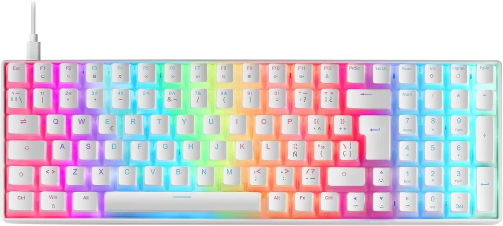 Mars Gaming Mkultra, mechaninė klaviatūra Baltas Rgb, kompaktiška 96%, Outemu Sq Raudona jungikliai, Ispanų-jav