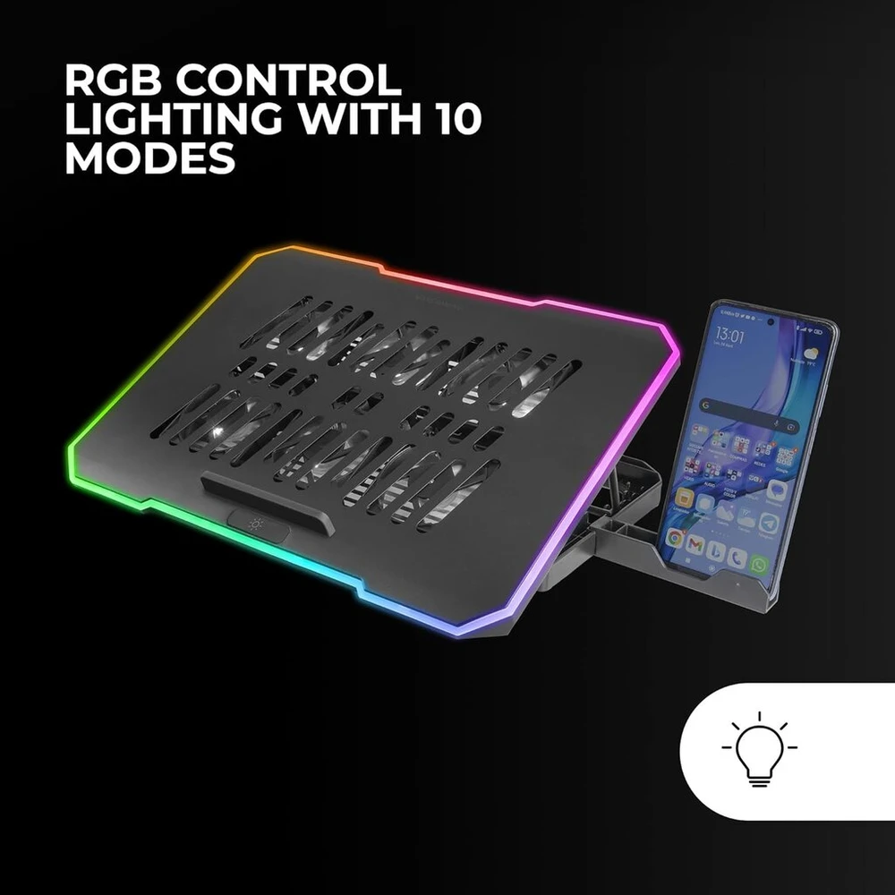 Mars Gaming Mnbc7, aušinimo pagrindas ir stovas 16 colių, rgb 10 režimų, 6 valdomi ventiliatoriai, 6 padėčių stovas, išmaniojo telefono stovas, 2 usb 2.0, juodas