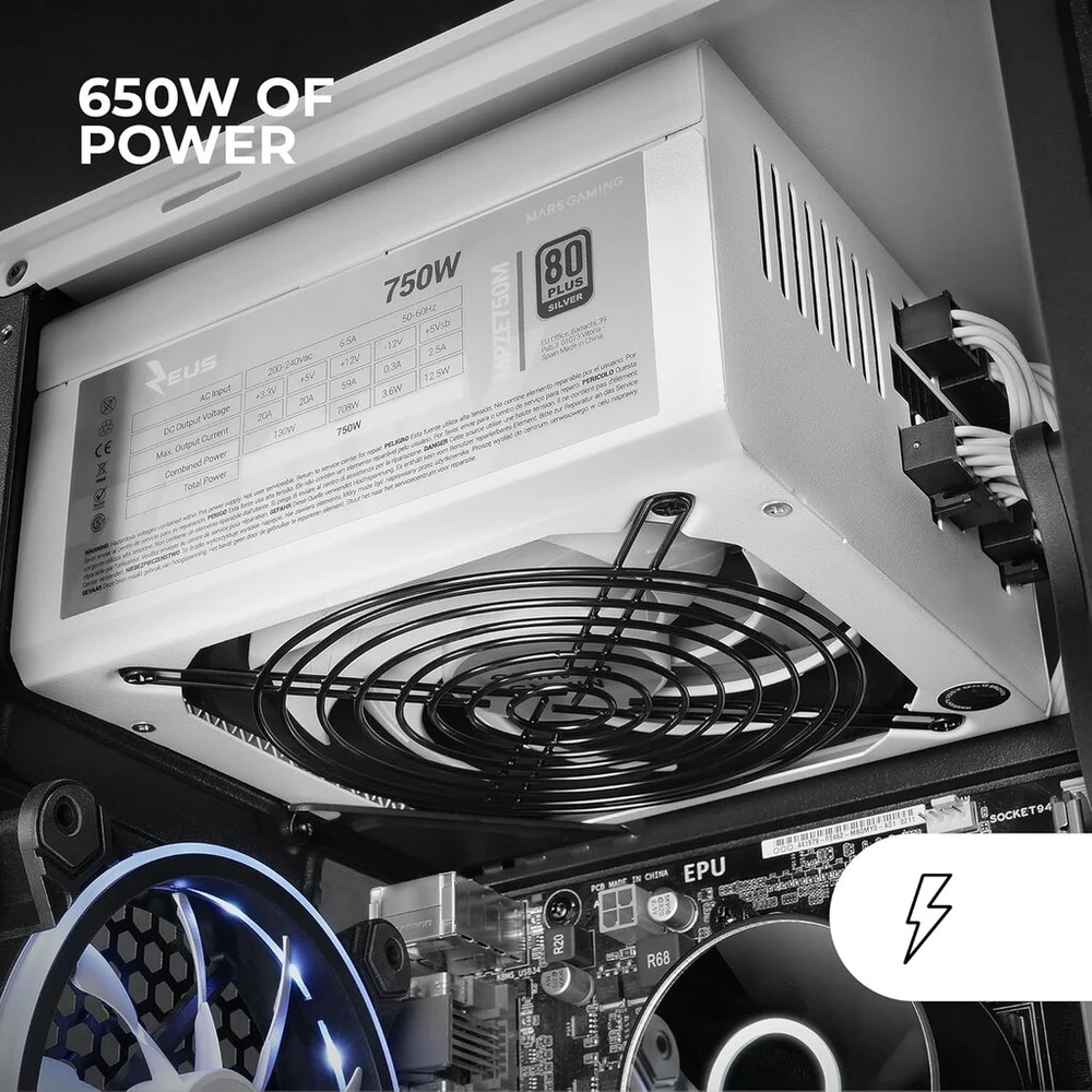Mars Gaming Mpb650, Pc Atx 650w maitinimo šaltinis, 80plus Bronze 230v, 140 mm Fdb ventiliatorius su Ai-rpm Silent Technology, 90% efektyvumas, baltas