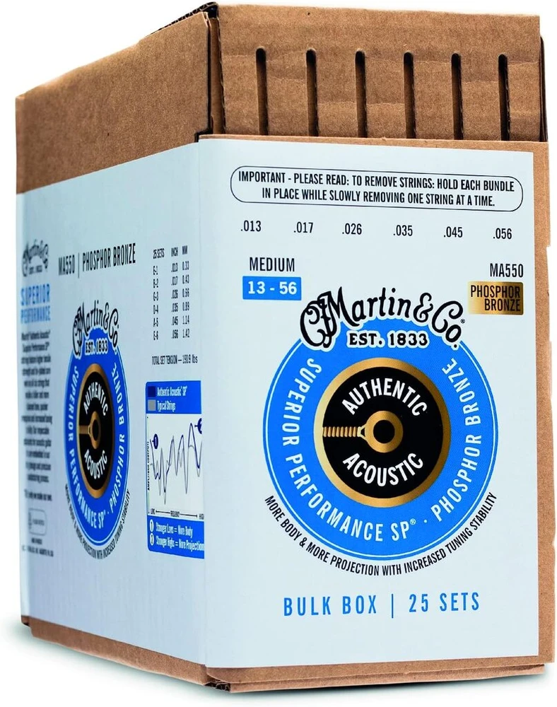 Martin akustinės gitaros stygos, superior performance medium 13-56, 92/8 fosforinis bronzas, 25 komplektai (bulk-ma550)