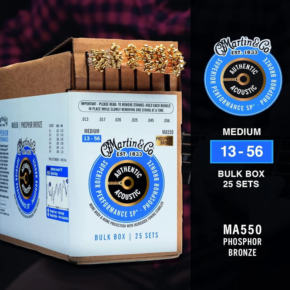 Martin akustinės gitaros stygos, superior performance medium 13-56, 92/8 fosforinis bronzas, 25 komplektai (bulk-ma550)