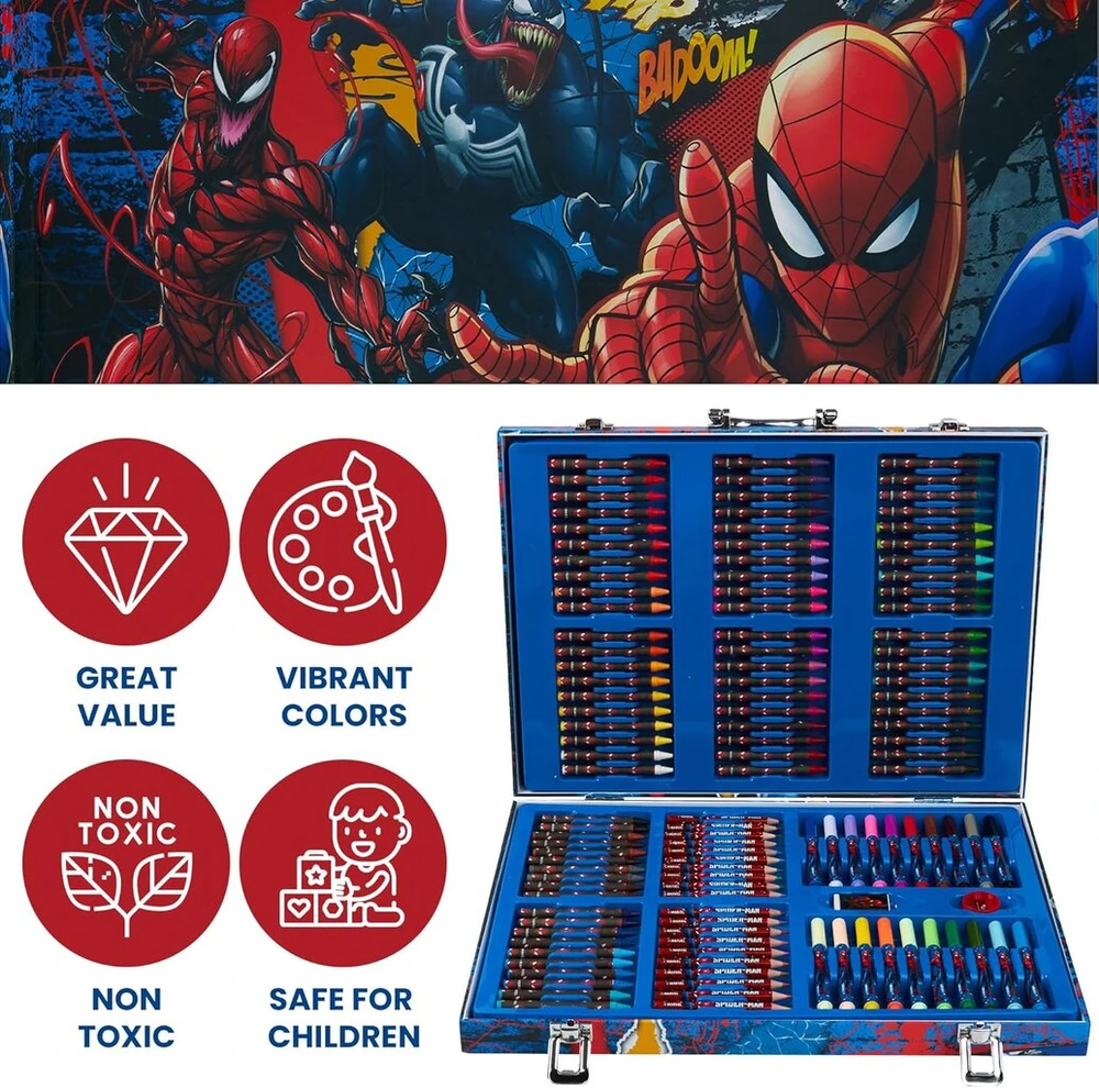 Marvel Avengers Spiderman spalvinimo rinkinys su 130 dalių - rašikliai dėkle su spalvinimo lapais, spalvinimo pieštukai vaikams, mokyklinės prekės (daugiaspalvis Spiderman)