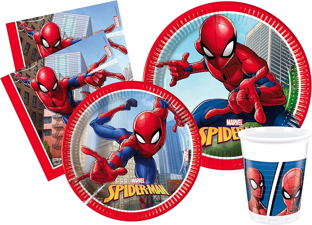 Marvel Žmogus-voras kova su nusikalstamumu vakarėlio rinkinys 24 asmenims (112 vienetų: 24 popierinės lėkštės, skersmuo 23 cm, 24 popierinės lėkštės, skersmuo 20 cm, 24 puodeliai 200 ml, 40 servetėlių 33 x 33 cm)