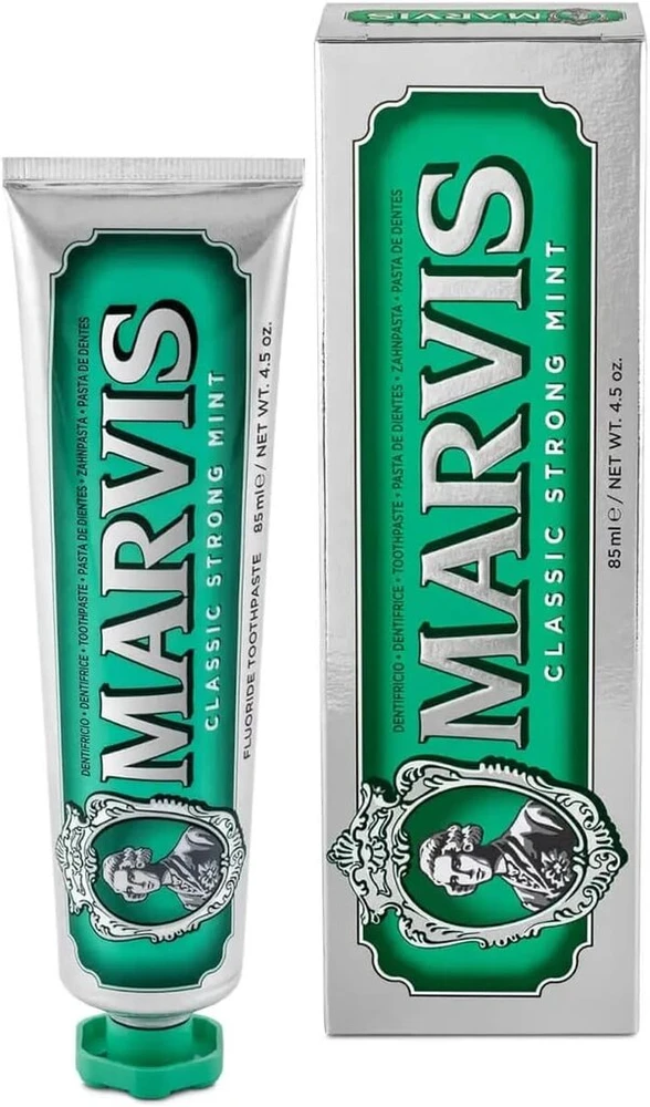 Marvis Classic Strong Mint dantų pasta, 85 ml, dantų pasta su skonio patirties garantija, užtikrinanti gaivinantį ir ilgai išliekantį gaivumą (2 vnt.)