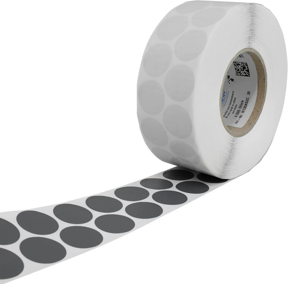 Mashpaper Aukštos kokybės audinio taškeliai, pagaminti iš sidabrinės audinio juostos, pilki audinio lipnūs taškeliai, 30 mm apvalūs, lipnūs, 4000 vnt.