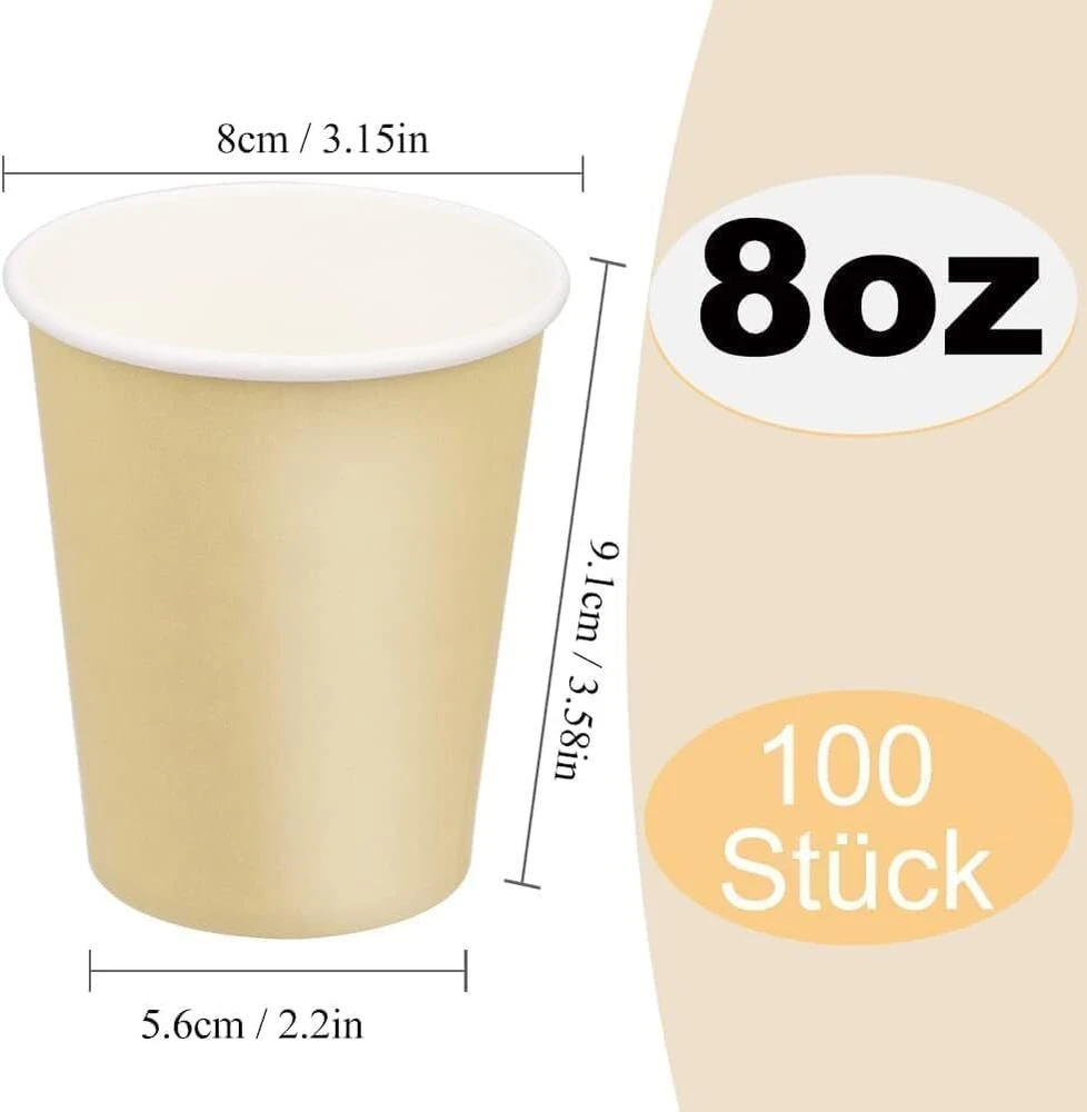 Masphy 240 ml (8 oz) vienkartiniai popieriniai puodeliai, 100 vnt., popieriniai puodeliai kavai, 8 oz popieriniai puodeliai karštai arbatai, puodeliai karštiems/šaltiems gėrimams vakarėliams, kelionėms ir renginiams (khaki spalvos)