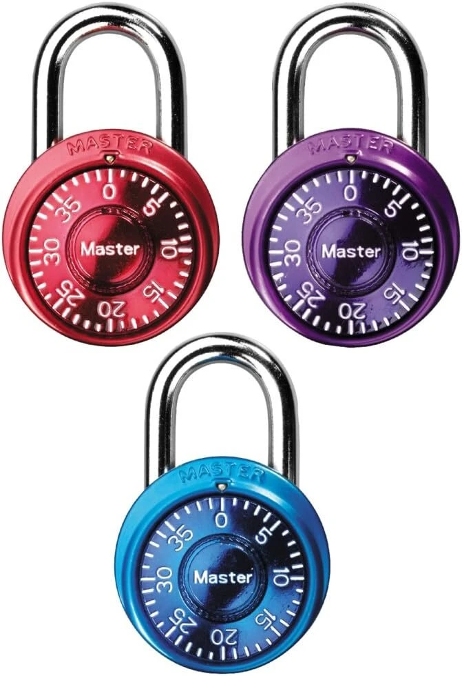 Master Lock 1533tri mini pakabinamos spynos su kodu, mėlyna, violetinė ir raudona spalvos, 3 vnt.