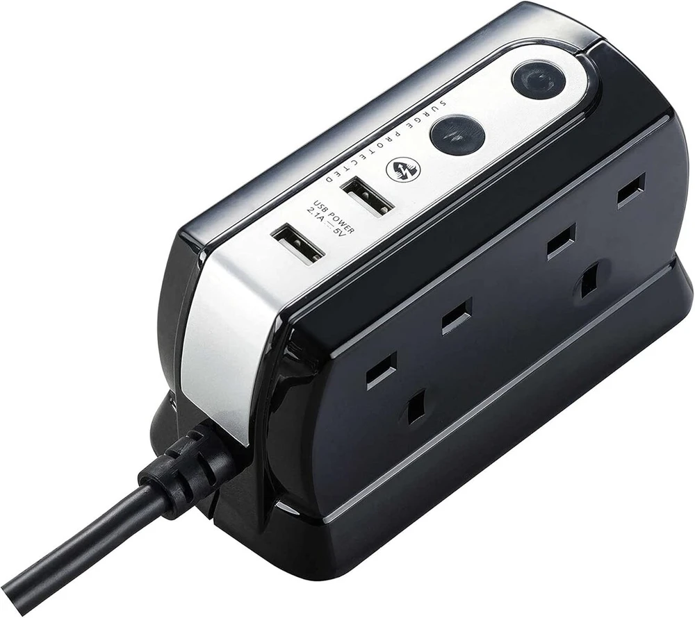 Masterplug 2 m juodas 4 krypčių nuo viršįtampių apsaugotas ilginamasis laidas su 2 usb prievadais