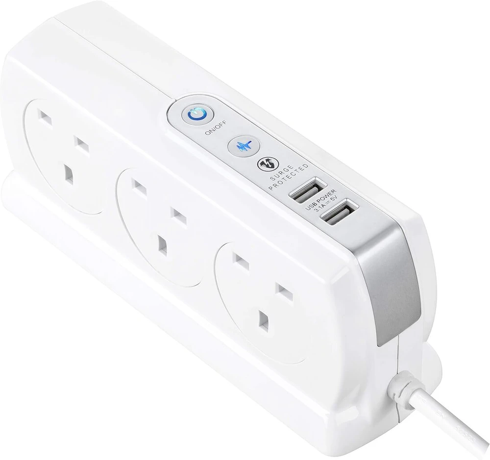 Masterplug itin tvirtas 6 lizdų maitinimo ilgiklis su jungikliu, apsauga nuo viršįtampių, 2 usb prievadais 3.1a, 2m, baltas, 18x7x6cm