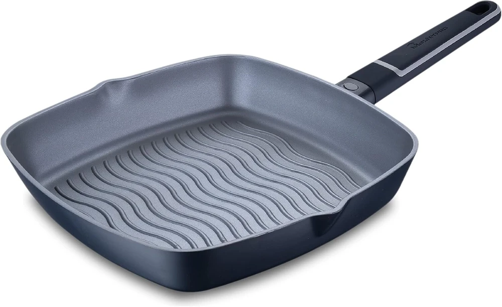 Masterpro Indigo | Grilio keptuvė, 28 cm kraštinės ir 5,5 cm aukščio | Lietas aliuminis | Maksimali nelimpanti danga | Švelnus liesti rankena | Tinka visoms viryklėms
