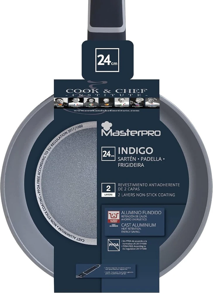 Masterpro Indigo keptuvė su nelimpančia danga 24 cm x 5,5 cm | 2 sluoksnių nelimpanti danga | puikus šilumos paskirstymas | lietas aliuminis | šalto efekto rankena | lengva | tinka visoms viryklėms