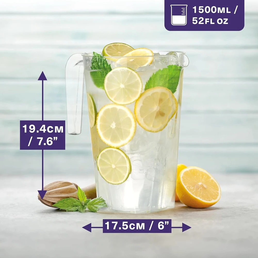 Matana 6 vienetų 1,5 litro talpos tvirtų plastikinių vienkartinių ąsočių – puikiai tinka vakarėlių kokteilių ąsočiams – puikūs kalėdiniams vakarėliams