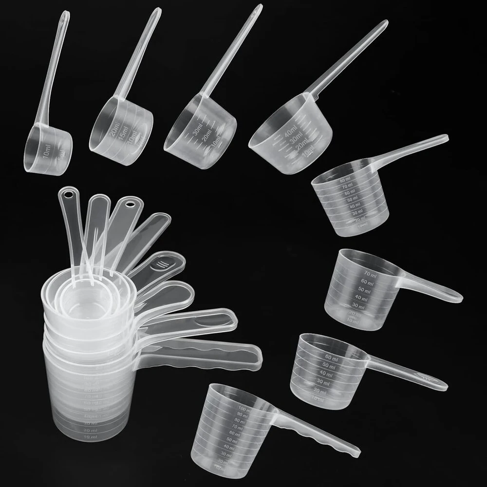 Matavimo šaukštų rinkinys, dozavimo šaukštai 100 ml/80 ml/70 ml/60 ml/50 ml/40 ml/20 ml/10 ml, skaidrūs plastikiniai matavimo šaukštai, ploviklis, dozavimo priemonė sausiems ir skystiems ingredientams