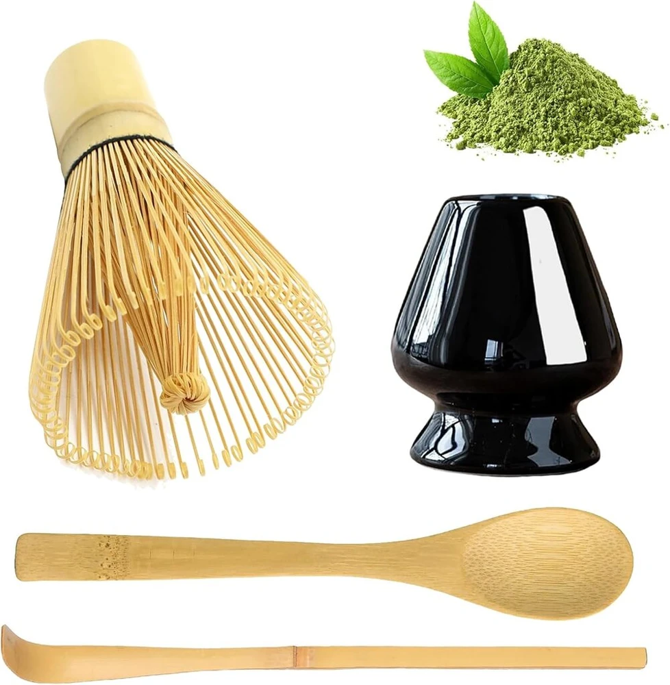 Matcha šluotelės 4 dalių rinkinys, Matcha šluotelė, Matcha žaliosios arbatos šluotelė, Matcha rinkinys pradedantiesiems, bambukinis šaukštas, bambukinis semtuvas, šluotelės laikiklis, skirtas namams, biurui ir arbatos kambariui, juodas