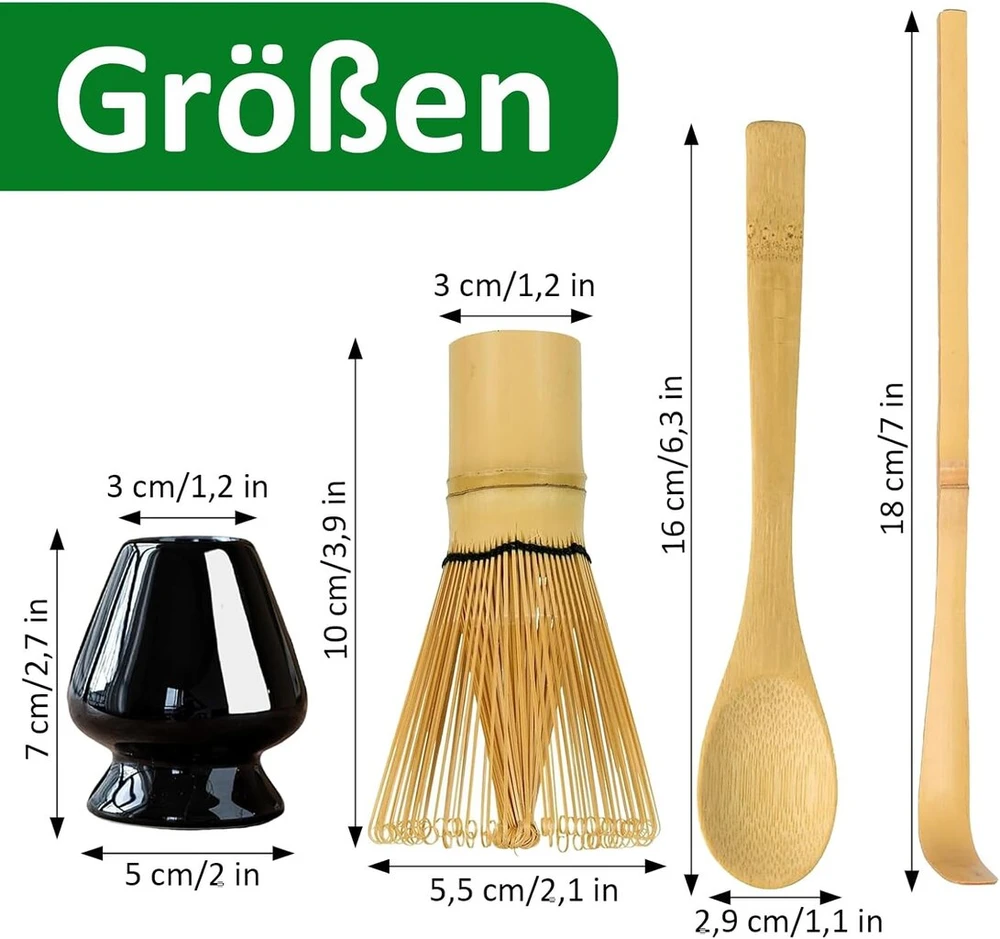 Matcha šluotelės 4 dalių rinkinys, Matcha šluotelė, Matcha žaliosios arbatos šluotelė, Matcha rinkinys pradedantiesiems, bambukinis šaukštas, bambukinis semtuvas, šluotelės laikiklis, skirtas namams, biurui ir arbatos kambariui, juodas
