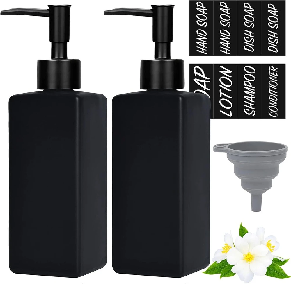 Matinis juodas stiklinis muilo dozatorius, 350 ml papildomas dozatorius su pompa, indų ploviklio buteliukas su 8 etiketėmis, 2 padėkliukai, vintažinis muilo dozatorius voniai, dušui, stalviršiui, virtuvei, Square