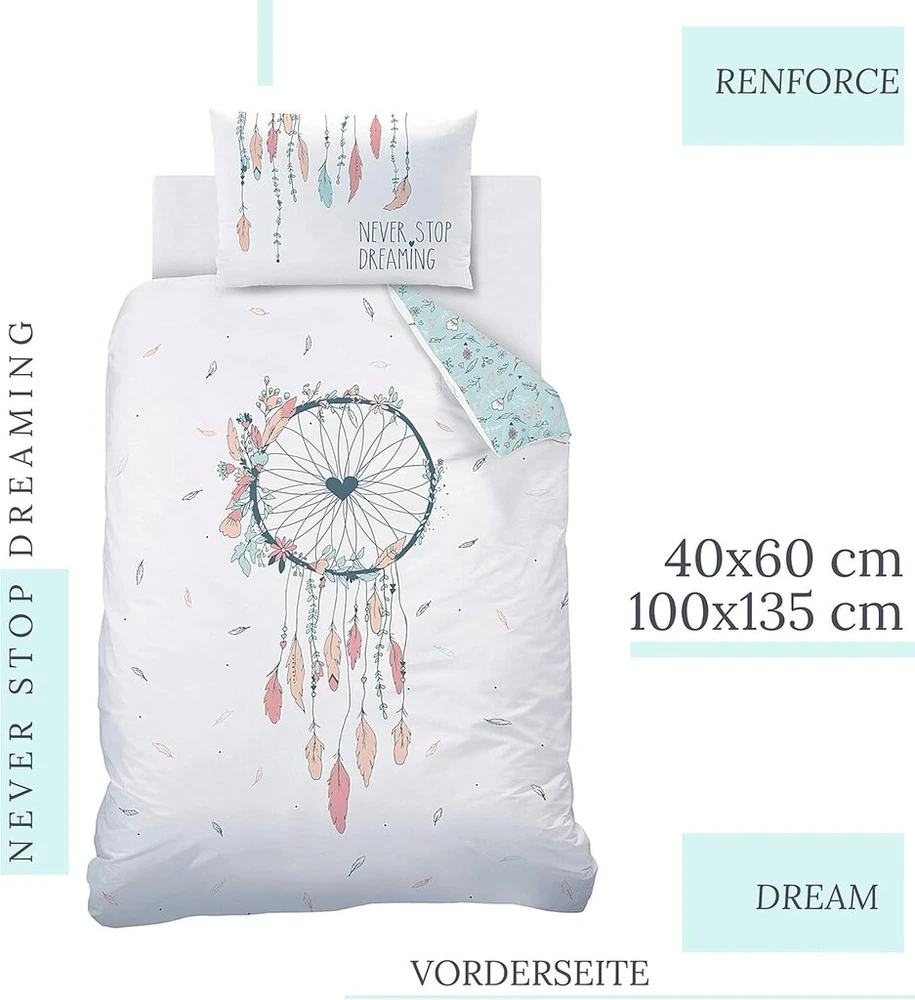 Matt&rose Traumänger kūdikio patalynės komplektas 100 x 135 cm – mergaičių patalynė · vaikiška patalynė · bohemiškas stilius, gėlės, plunksnos – pagalvės užvalkalas 40 x 60 cm + antklodės užvalkalas 100 x 135 cm – 100% medvilnė