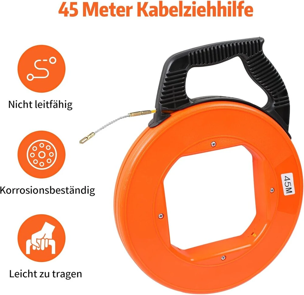 Maxawe 45 m kabelio įtraukimo pagalbinė priemonė, 4 mm įtraukiama spiralė, įtraukiama spyruoklė, poliesterio traukimo viela tuštiems vamzdžiams su 6 adapteriais ir pirštinėmis, stiklo pluošto žuvies juostos įtraukimo pagalbinė priemonė, kabelio traukimo p