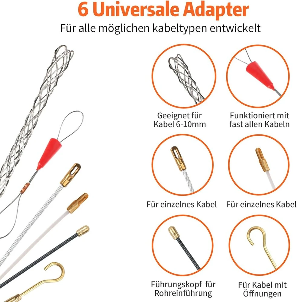 Maxawe 45 m kabelio įtraukimo pagalbinė priemonė, 4 mm įtraukiama spiralė, įtraukiama spyruoklė, poliesterio traukimo viela tuštiems vamzdžiams su 6 adapteriais ir pirštinėmis, stiklo pluošto žuvies juostos įtraukimo pagalbinė priemonė, kabelio traukimo p