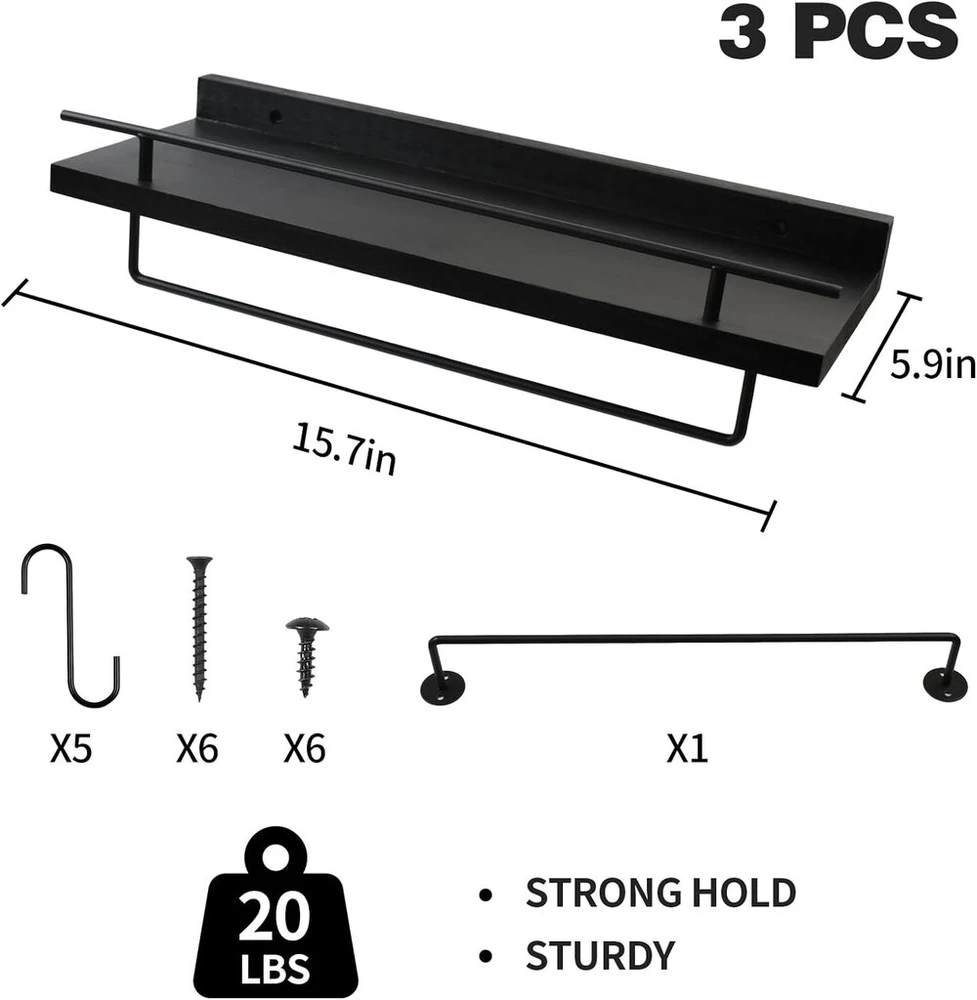 Maxawe medinė sieninė lentyna, apkrova 20 kg, juodos sieninės lentynos su rankšluosčių laikikliu, 3 lentynos su 5 kabliukais, plaukiojanti lentyna 40 cm, sieninė lentyna vonios kambariui, virtuvei, miegamajam