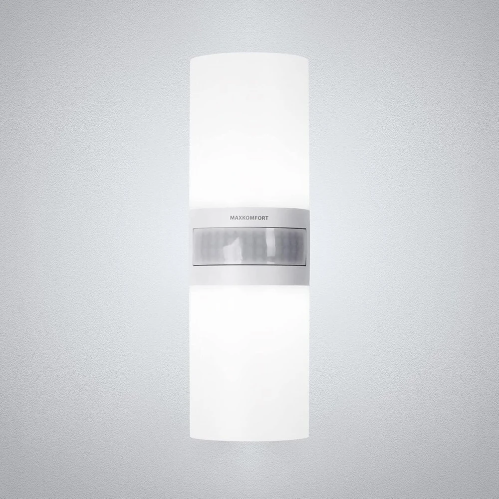 Maxkomfort St102a1-wh twin led lauko šviestuvas su judesio davikliu, baltas sieninis šviestuvas ip65