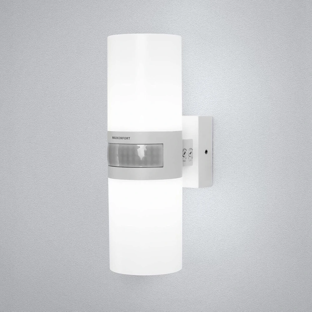 Maxkomfort St102a1-wh twin led lauko šviestuvas su judesio davikliu, baltas sieninis šviestuvas ip65