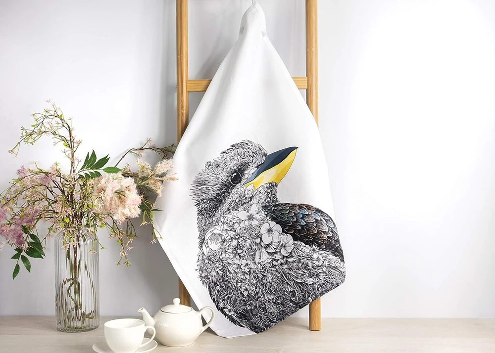Maxwell & Williams Marini Ferlazzo Birds ar indiškojo povo dizainu margintas arbatos rankšluostis, 100% medvilnė, juoda/balta, 50 x 70 cm, galima skalbti skalbimo mašinoje