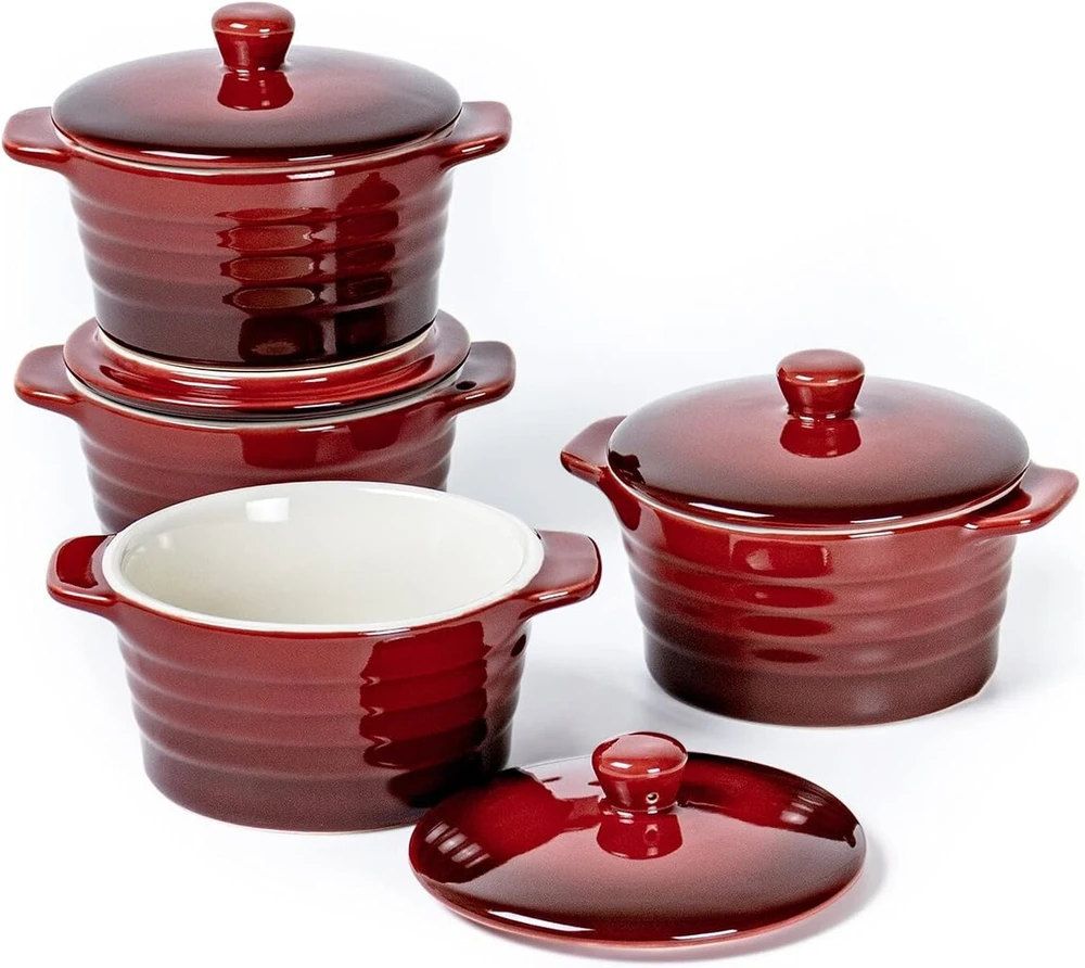 Maža troškintuvė 250 ml x 4, indai sufle su dangteliu - raudoni, kreminiai brûlée indeliai iš porceliano, sriubos puodeliai su rankena, desertinis dubenėlis sufle, keksiukams, bandelėms, fondantams ir vaisiams