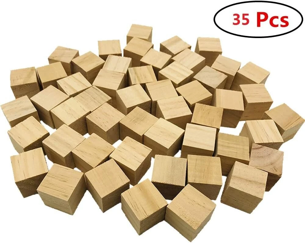 Maži mediniai kauliukai Fycooler, 35 vnt., mediniai kauliukai, 30 mm, natūralus medinis kubas, ruošinys medžio amatams, medinis kvadratinis kubas, dekoratyvinis dėlionės antspaudas, matematika, statybiniai blokai, amatai