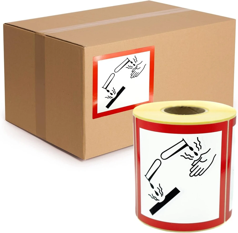 Md Labels Ghs 05 pavojingų prekių etiketės - ėsdinantis poveikis / korozinis 100 x 100 mm - 500 vnt. pakuotė Ghs simboliai - Ghs lipdukai pavojingų medžiagų ženklinimui